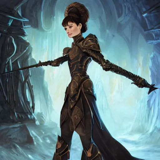 Image similar to Audrey Hepburn, battle armour, casting epic spell, magic the gathering artwork, D&D, fantasy, cinematic lighting, centered, symmetrical, highly detailed, digital painting, artstation, concept art, smooth, sharp focus, illustration, volumetric lighting, epic Composition, 8k, art by Akihiko Yoshida and Greg Rutkowski and Craig Mullins and Daniel Dociu, heroic pose, oil painting, cgsociety, magic lab background