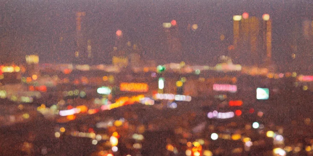 Prompt: a real photo of las vegas viewed from a very far away wet skyscraper's window on a rainy day, by saul leiter