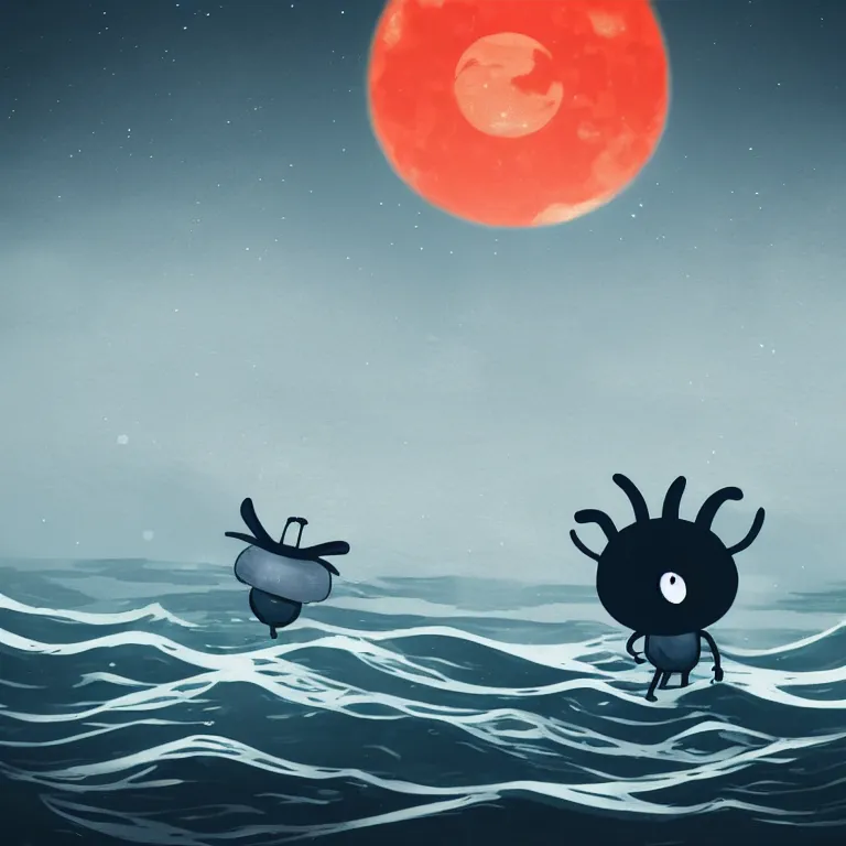 Prompt: cute creature looking at the sea with a red moon reflecting in the waves, night, low angle, in the style of Hollow Knight