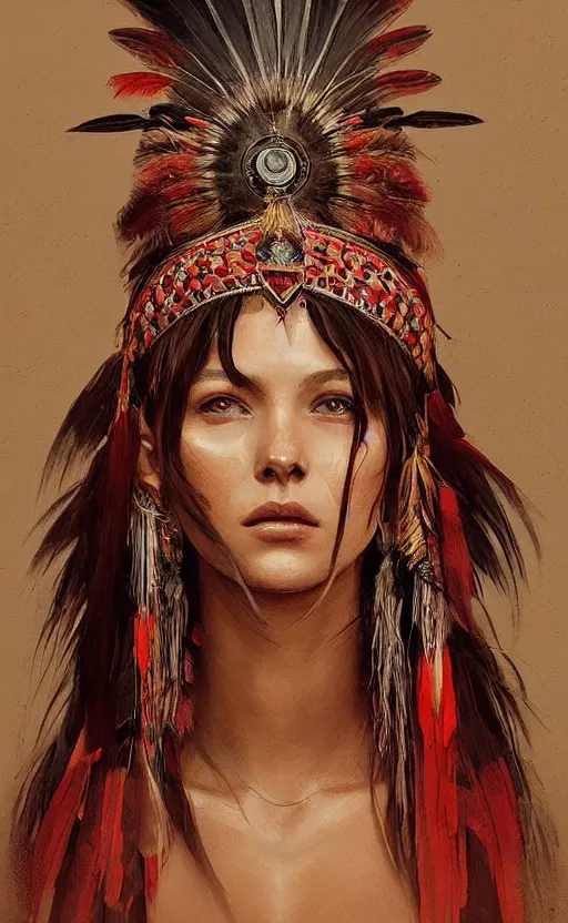 Image similar to gorgeous redskin woman wearing headdress, intricate, elegant, highly detailed, artstation, concept art, smooth, sharp focus, illustration, art by stefan kostic and greg rutkowski