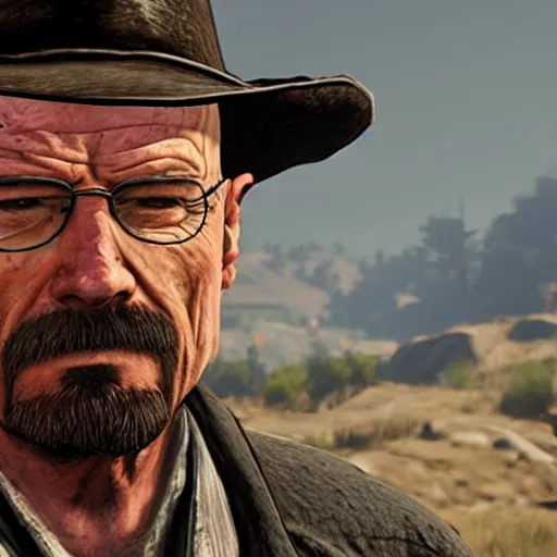 Prompt: walter white behind a table with chemicals in red dead redemption 2