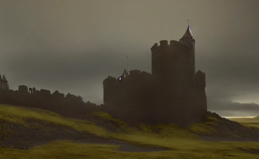 Prompt: wide angle shot of an old castle on an icelandic hill with moody and cinematic lighting by craig mullins, cinematic and atmospheric, concept art, artstation, trending on artstation
