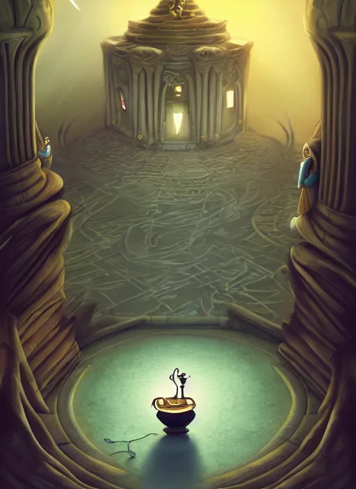 Image similar to genie coming out of his lamp in the middle of a palace . by Ciryl Rolando, hyperrealistic illustration, digital art, 4k, very detailed faces