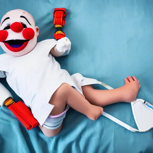 Image similar to confused laughing clown lying in hospital bed with wrist restraints on, restraint fabric straps attached to hospital bed, photograph, 8 k