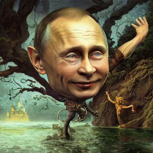 Image similar to Putin as Mystical Gollum, Realistic, Regal, Refined, Detailed Digital Art, Michael Cheval, Walt Disney (1937), François Boucher, Oil Painting, Steampunk, Highly Detailed, Cinematic Lighting, Unreal Engine, 8k