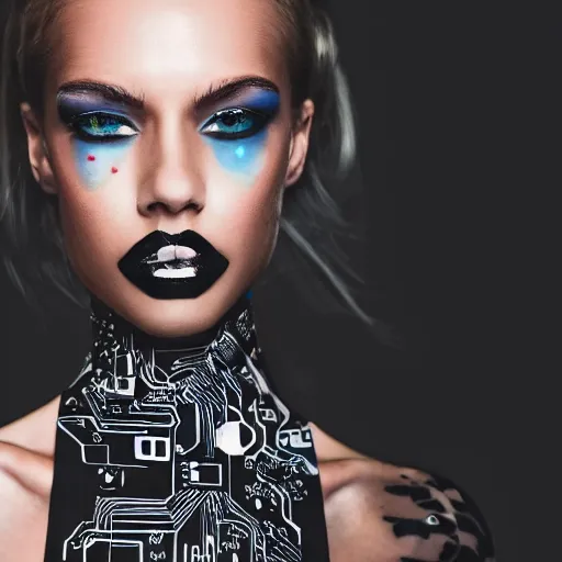 Image similar to Close up of female fashion model in year 3000, model wearing a fancy black dress with print of a circuit on dress, photography , fashion magazine editorial , highly detailed