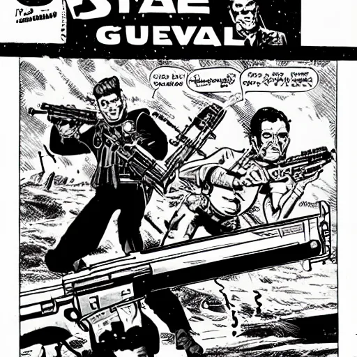 Image similar to space opera gunfight, in the style of feldstein, johnny craig, wally wood, and jack davis - - ar 1 6 : 9 subbed out gunfight for : slugfest, shootout, warzone,