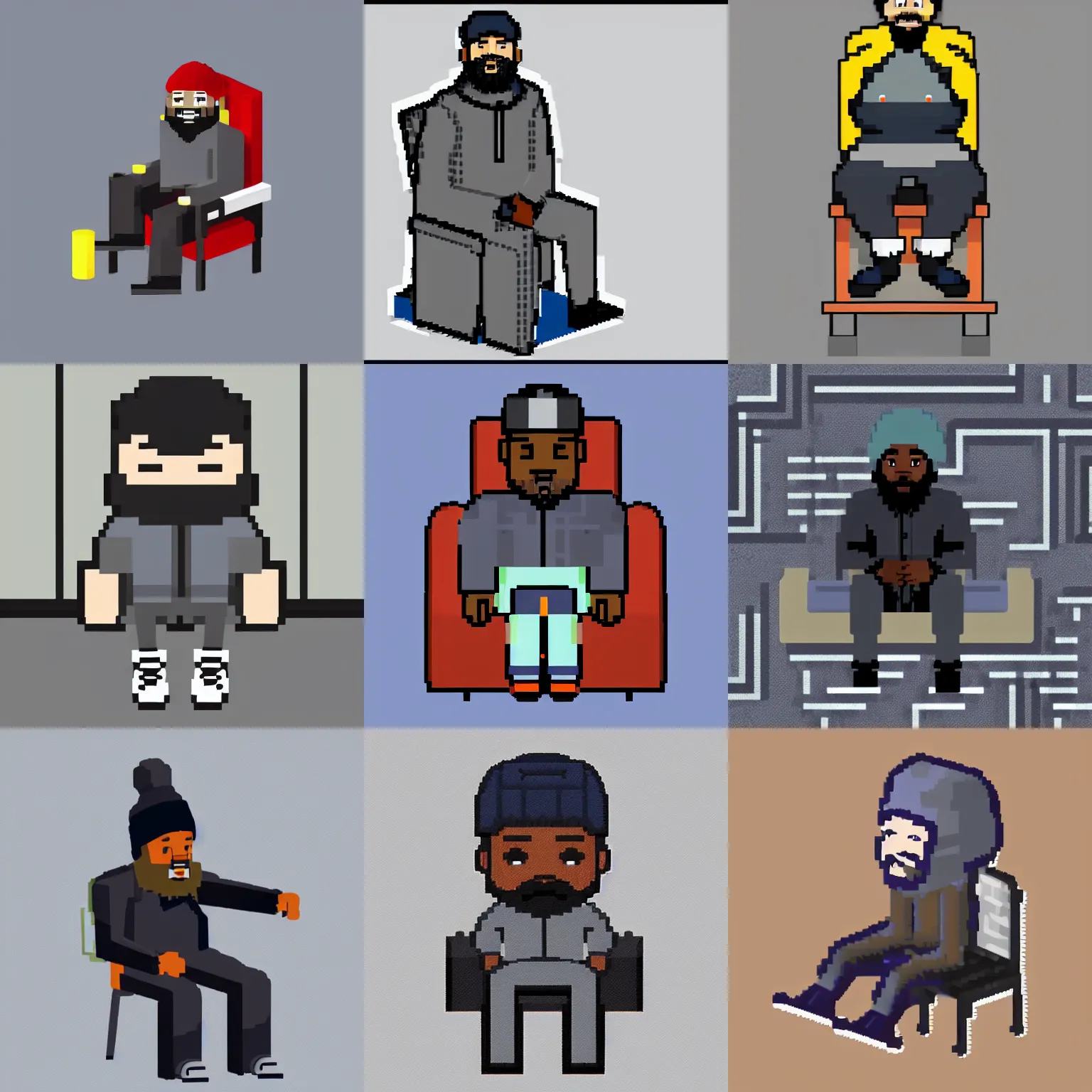 Prompt: a fullbody isometric sprite of a 🧔🏿 wearing a gray do rag and a black winter puffer coat, sitting in a chair, assets, urban music studio, 8 bit,