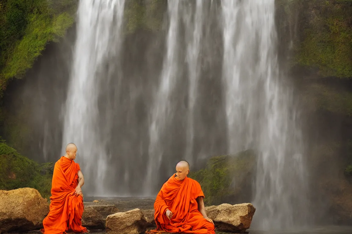 Image similar to dang ngo, annie leibovitz, steve mccurry, a simply breathtaking shot of mediating monk in orange, giantic waterfall, sunshine, golden ratio, wide shot, symmetrical