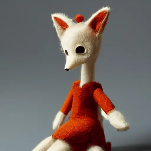 Image similar to a graceful long shot footage of a delicate toy fox wearing a fine cyberpunk dress