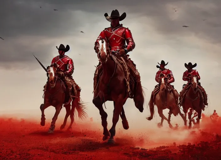 Image similar to cinematic shot of cowboy outriders on horseback wearing suits of armor and cowboy hats fighting with swords in battle against enemies in red armor by Greg Rutkowski, 4k, masterpiece