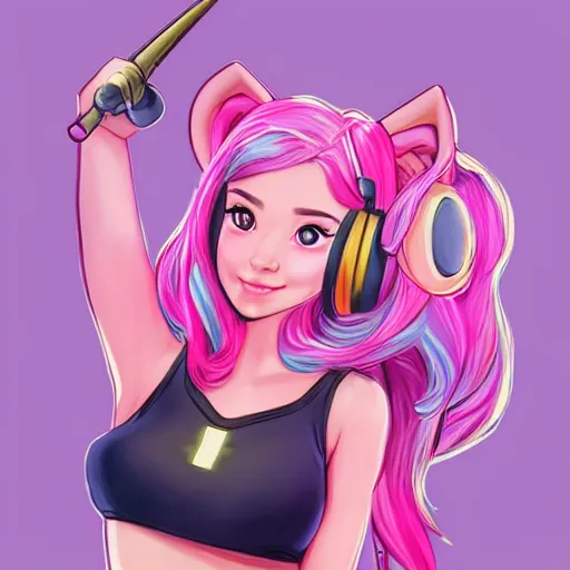 Image similar to very very very beautiful pink gamer girl wearing headphones with a unicorn horn coming out of her head standing in a pink girls room, full body portrait, eye contact, smiling, perfect face, perfect body, extreme long shot, drawn by artgerm