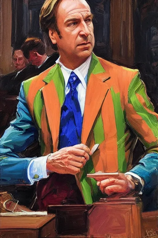 Image similar to saul goodman wearing colorful suit in courtroom, painting by jc leyendecker!!!, angular!!, brush strokes, painterly, vintage, crisp