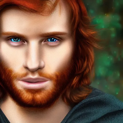 Image similar to professional digital art of a man with natural reddish hair and green eyes, popular, high quality, highly detailed, hd, 4 k