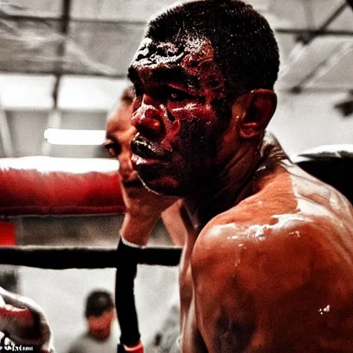 Image similar to close up portrait of boxer after boxing with brews blood sweating, photography photojournalism, very grainy image