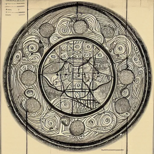 Image similar to The map is covered in intricate drawings and symbols that appear to depict the flow of some sort of energy or substance. The center of the map is dominated by a large spiral, with lines emanating out from it in all directions. There are three main sections to the map: the left side, the right side, and the middle. The left side appears to be a series of interconnected chambers, while the right side is a series of mazes. The middle section is a series of interlocking gears.