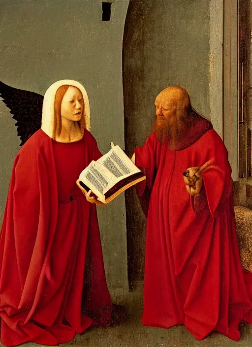 Image similar to angels dressed in red reading the bible and arguing in Tuscany by Jan van Eyck, Hieronymus Bosch, Johannes Vermeer 4k post-processing, highly detailed medieval painting