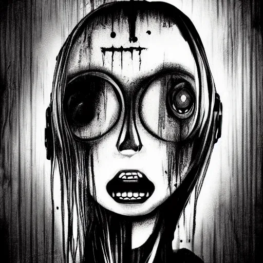 Image similar to grunge drawing of a robot in the style of the grudge | horror themed