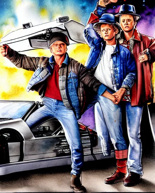 Prompt: photorealistic watercolor for a new poster for back to the future, in the style of steve hanks