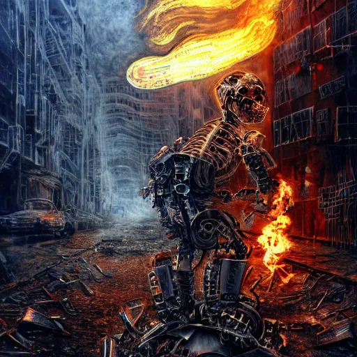 Prompt: death robot shredding flaming guitar, standing in ruined burning street by Yoshitaka Amano, by HR Giger, biomechanical, 4k, hyper detailed, hyperrealism, anime, a Blood Moon rising on a Broken World, deviantart, artstation