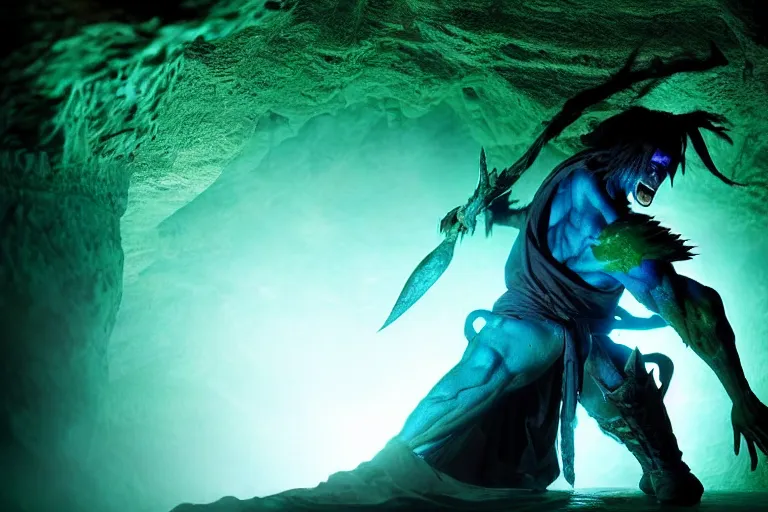 Image similar to vfx film, soul reaver, raziel irl, price of persia movie, missing jaw, hero pose, devouring magic souls, glowing green soul blade, in epic ancient sacred huge cave temple, flat color profile low - key lighting award winning photography arri alexa cinematography, hyper real photorealistic cinematic beautiful, atmospheric cool colorgrade