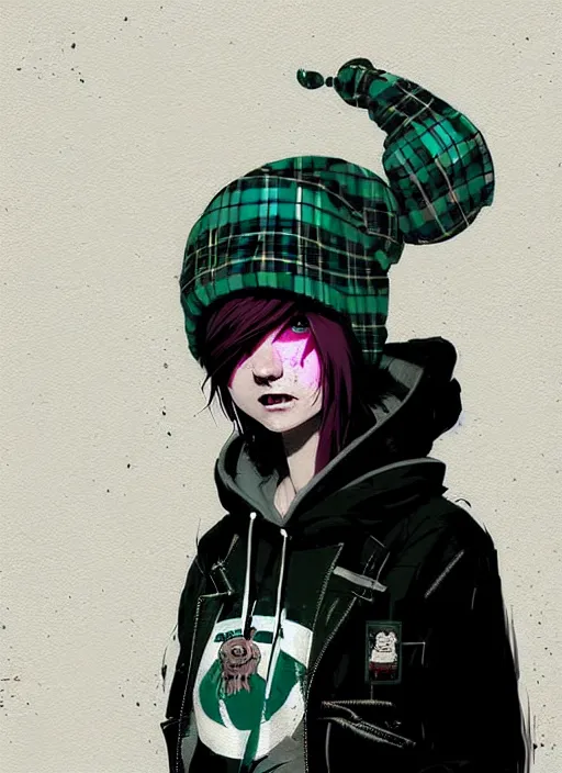 Image similar to highly detailed portrait of a sewer punk lady student, blue eyes, tartan hoody, hat, white hair by atey ghailan, by greg rutkowski, by greg tocchini, by james gilleard, by joe fenton, by kaethe butcher, gradient green, black, brown and magenta color scheme, grunge aesthetic!!! ( ( graffiti tag wall background ) )