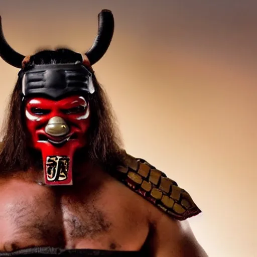 Prompt: big buff very strong very buff samurai wearing an oni mask, amazing movie still movie