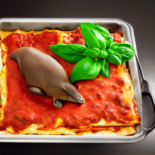 Image similar to studio photography of a platypus cooking a lasagna with three basil leaves over the lasagna