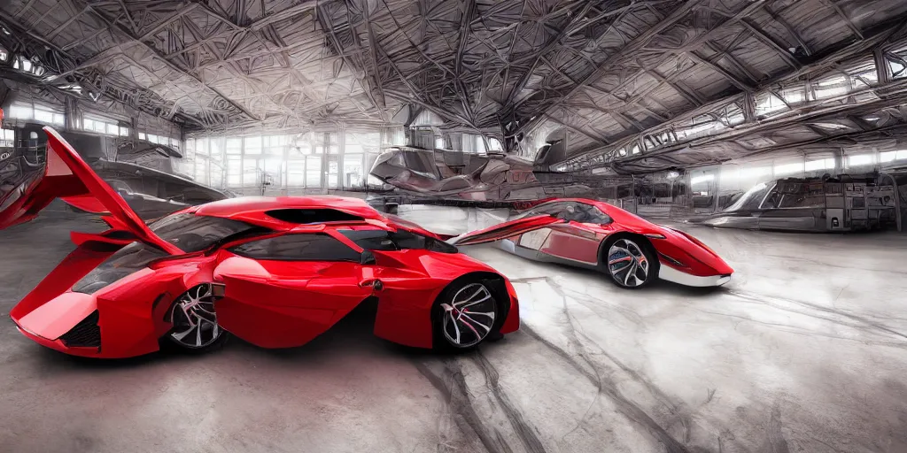 Image similar to kama russian electrocar, inside futuristic hangar, red car, sharp focus, ultra realistic, ultra high pixel detail, cinematic, intricate, cinematic light, concept art, illustration, art station, unreal engine 8 k