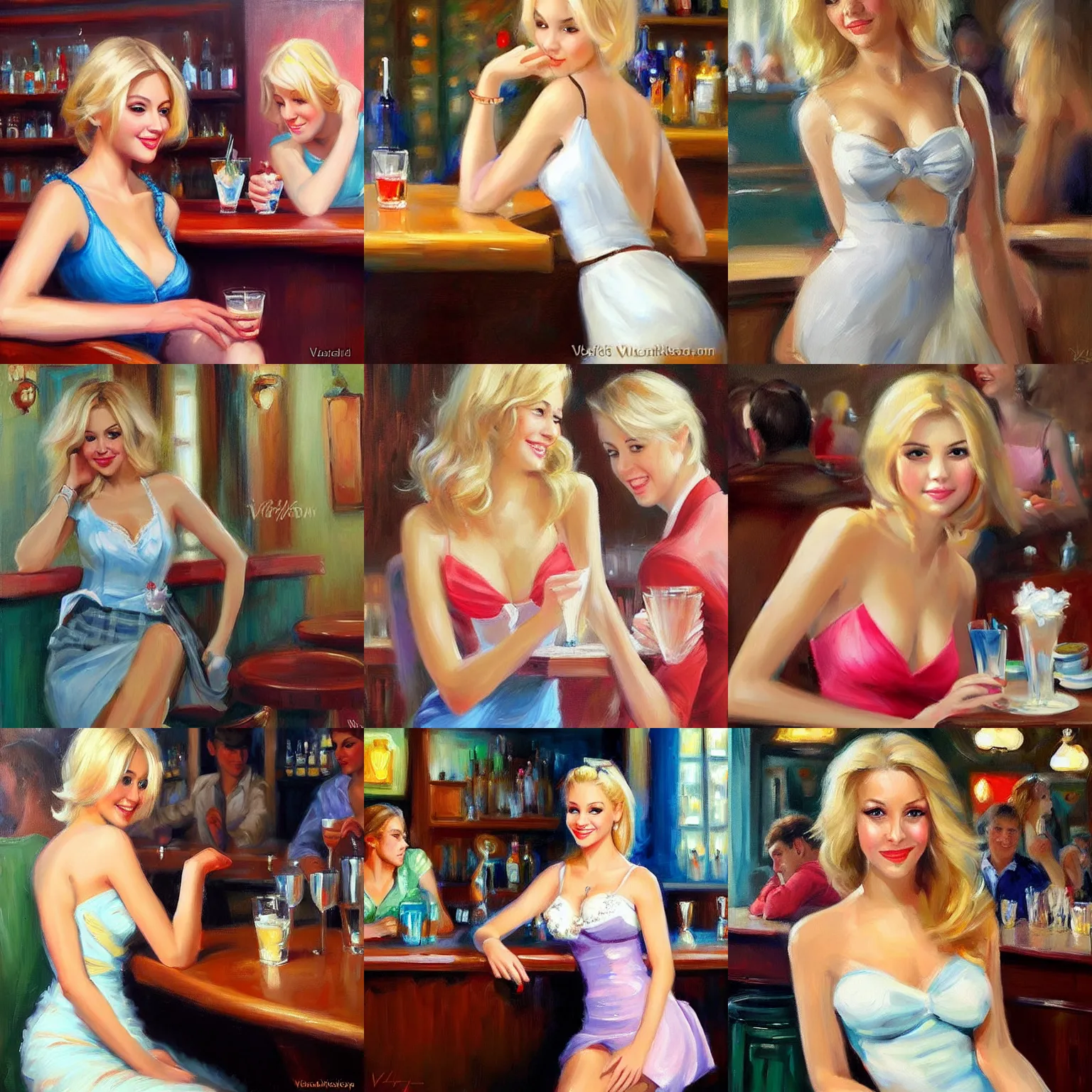Prompt: blonde flirting at the bar, painting by Vladimir Volegov