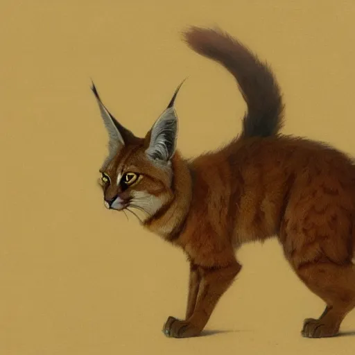 Image similar to concept art, a cute fluffy caracal, 8 k, alphonse mucha, james gurney, greg rutkowski, john howe, artstation