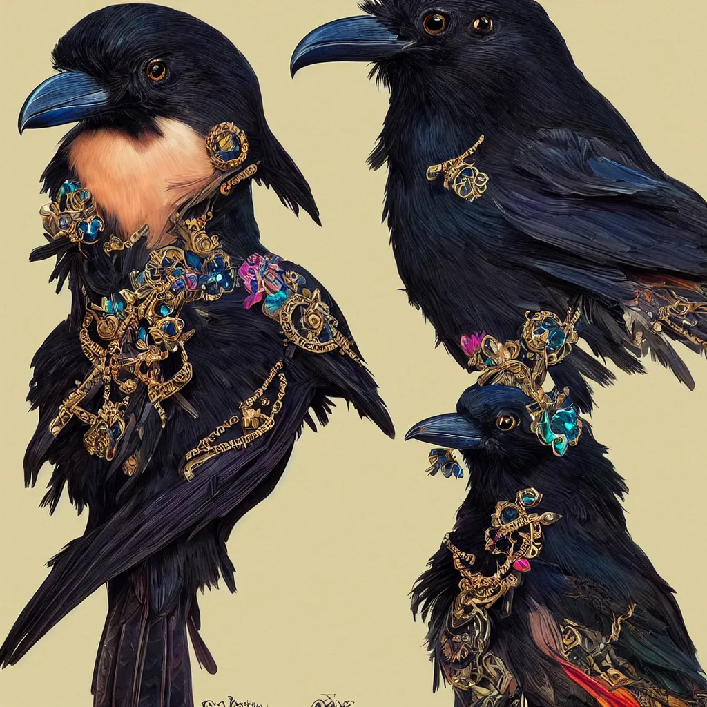 Image similar to beautiful black raven bird with ornate jewelry, cute, intricate, highly detailed, digital painting, trending on artstation, concept art, smooth, sharp focus, backlit, rim light, vivid colors, illustration, unreal engine 5, 8 k, art by rossdraws and alphonse mucha