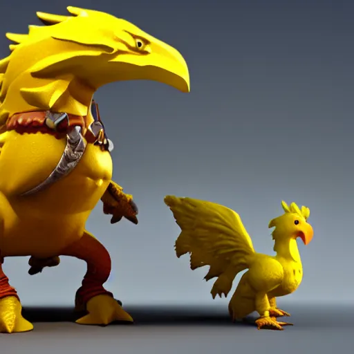 Image similar to 3 d render of an epic halfling riding a chocobo