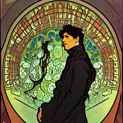 Image similar to lovecraftian protagonist by alphonse mucha