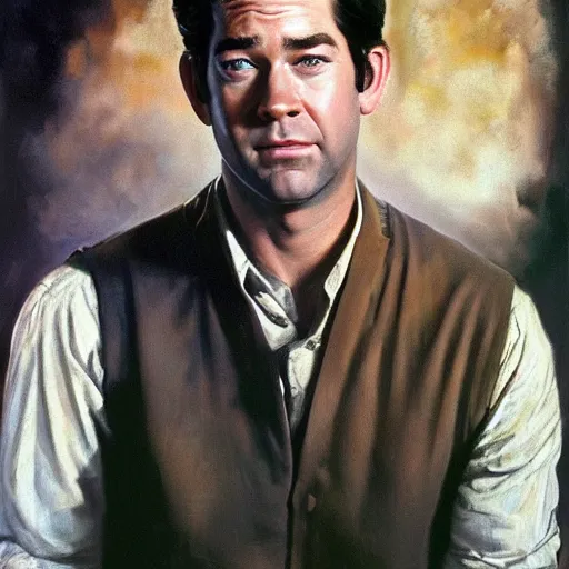 Prompt: ultra realistic portrait painting of john krasinski as farmer, art by frank frazetta, 4 k, ultra realistic, highly detailed, epic lighting