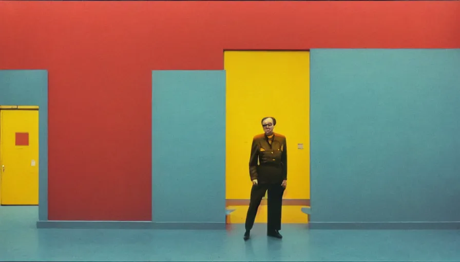 Prompt: 60s movie still of a sovietic stalinist style empty art museum with a soviet congress with yellow wall, LOMOGRAPHY LOMOCHROME TURQUOISE XR 100-400 (35MM), liminal Space style, heavy grain