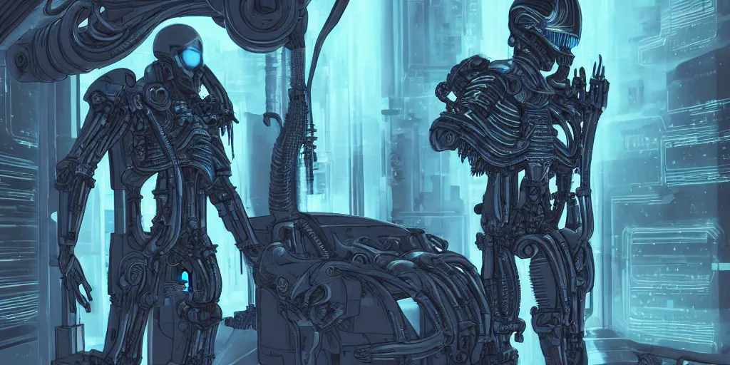 Image similar to the son of the pope as a futuristic xenomorphic cyborg, foating in a isolation cryogenic tubes, cyberpunk, biomechanical, night lighting, blue color, intricate details, hyper realistic, graphic novel color scheme