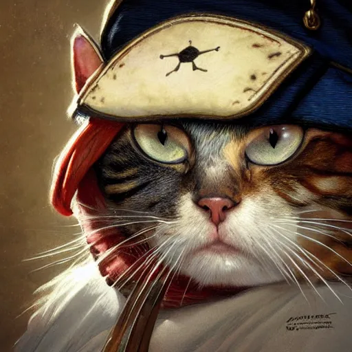 Image similar to Portrait of a Cat as a Pirate, photo, highly detailed oil painting, photorealistic, highly detailed, digital painting, artstation, concept art, smooth, sharp focus, illustration, art by artgerm and greg rutkowski and alphonse mucha