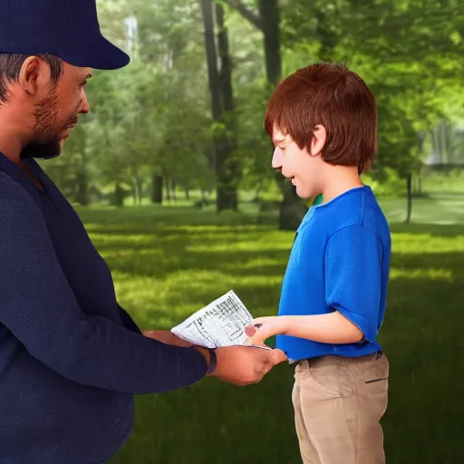 Image similar to a child exchanging a ticket for a coin from an adult, photorealistic