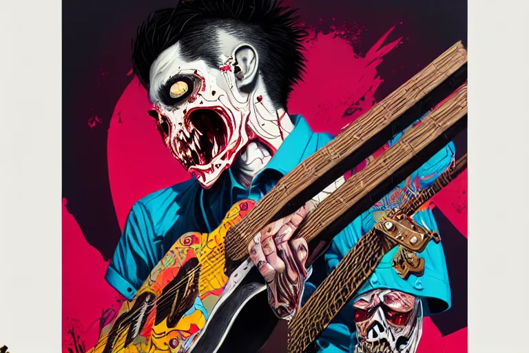 Image similar to zombie punk guitar player, tristan eaton, victo ngai, artgerm, rhads, ross draws, intricated details, 3 / 4 view, full body portrait