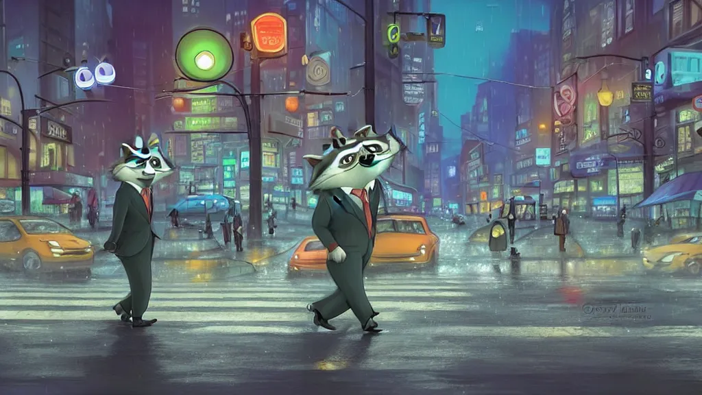 Image similar to A cute anthropomorphic raccoon businessman is walking down a busy crosswalk at in the rain at night, cold lighting with an blue glow coating the cityscape from the city lights, zootopia, other anthropomorphic characters are walking by him, extremely detailed, HDR, sideview, solemn and moody, many cars and animal people in the background, detailed face and eyes, large eyes with visible pupils, the road is wet with many rain puddles, reflections from the water on the ground, he is carrying a black briefcase, depressing feelings, sadness, expressive face