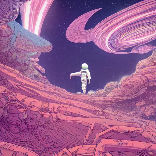 Image similar to !dream Stunningly intricate illustration of a scared astronaut explorer running trough a plain valley of planet Mars trough 3 columns of white neon light of infinite height, highly detailed, midnight, by Victo Ngai and James Gilleard , Moebius, Laurie Greasley