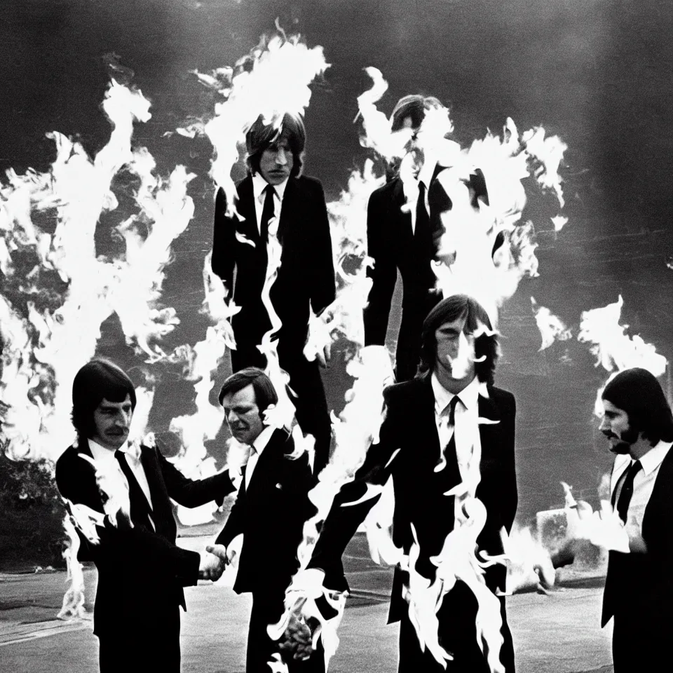 Prompt: album cover art, photography 1 9 7 0, two men in suits, shaking hands, one of them is on fire, white film studios sheds and clear blue sky, in the background, pink floyd, wish you were here