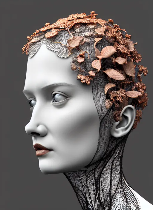 Image similar to complex 3d render ultra detailed of a beautiful porcelain translucent profile woman face, biomechanical cyborg, 150 mm, beautiful natural soft light, rim light, silver gold details, magnolia big leaves and stems, roots, fine foliage lace, maze like, mesh wire, intricate details, hyperrealistic, ultra detailed, mandelbrot fractal, anatomical, red lips, white metal neocubism armor, facial muscles, cable wires, microchip, elegant, green eyes, octane render, H.R. Giger style, 8k