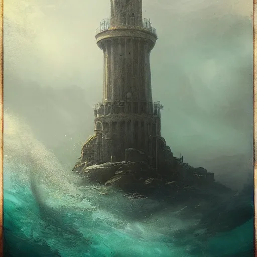 Prompt: the tower of hercules at the bottom of the sea, under water, greg rutkowski, 8 k, shallow depth of field, intricate detail, concept art,