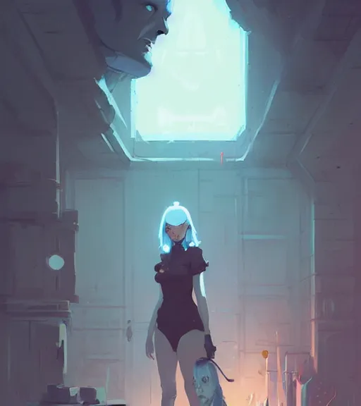 Image similar to portrait of a necromancer by atey ghailan, by greg rutkowski, by greg tocchini, by james gilleard, by joe fenton, by kaethe butcher, dynamic lighting, gradient light blue, brown, blonde cream and white color scheme, grunge aesthetic