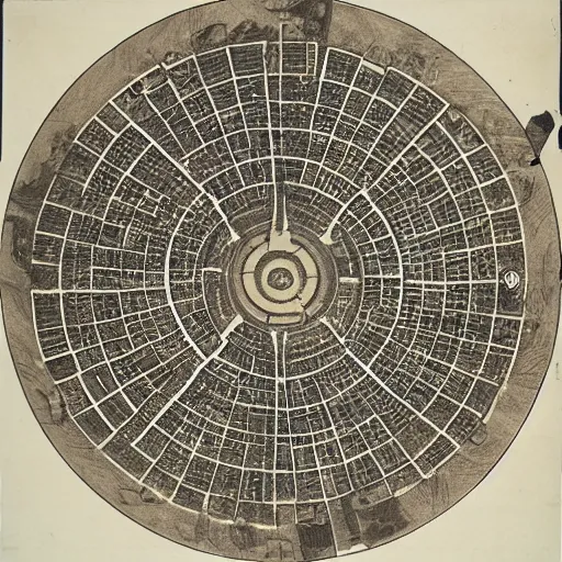 Prompt: A sprawling Mesopotamian city arranged in concentric circles as seen from above, with a giant tower and temple at its center