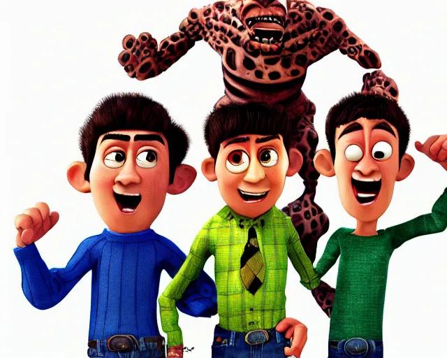 Image similar to detailed cartoon portrait of three brothers with four arms, pixar, sharp high quality