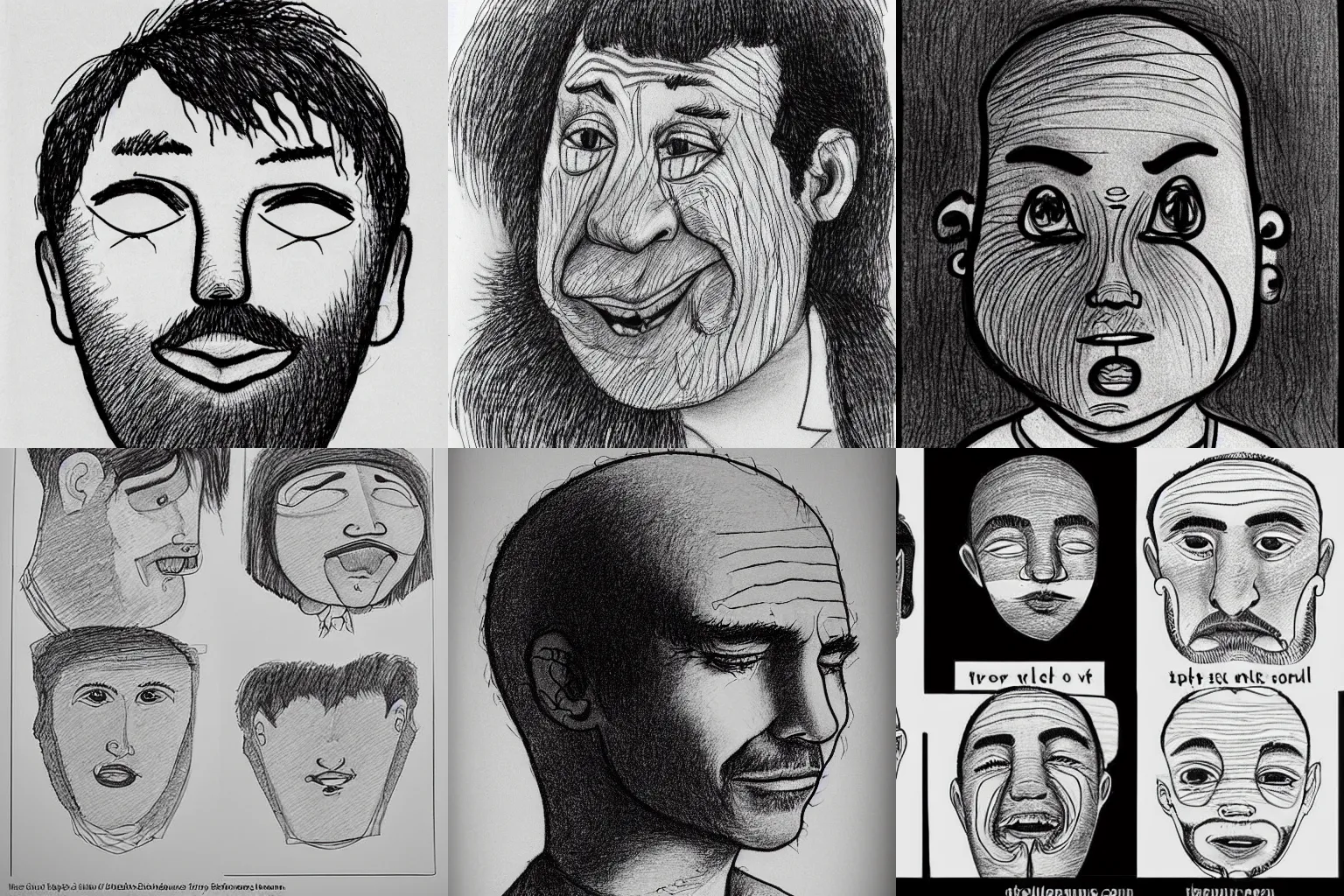 Prompt: line drawings of human faces showing changing emotions, by Shel Silverstein