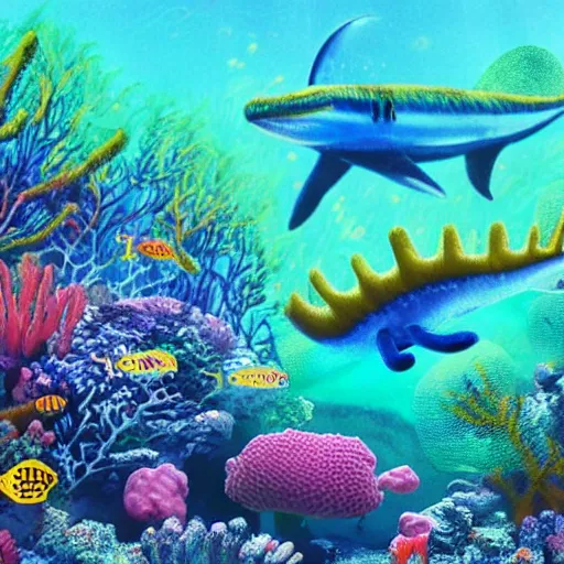 Image similar to a colony of living bioweapons that have made their home in a Lisa frank underwater coral forest on the ocean floor and are hunting down a nearly extinct liopleurodon trying to hide in a nearby kelp forest